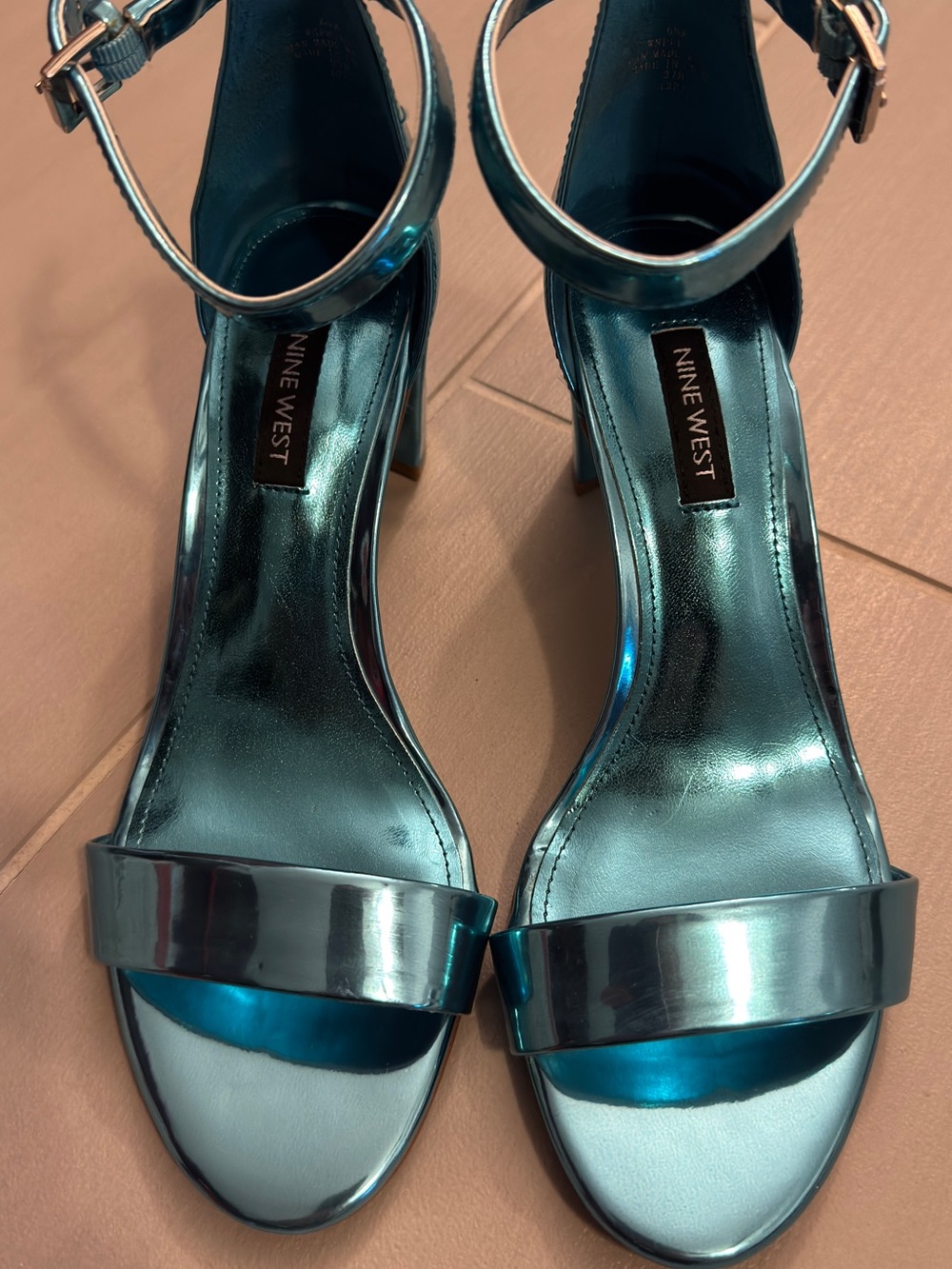 Nine West Metallic Teal Open-Toe Ankle-Strap Block Heels